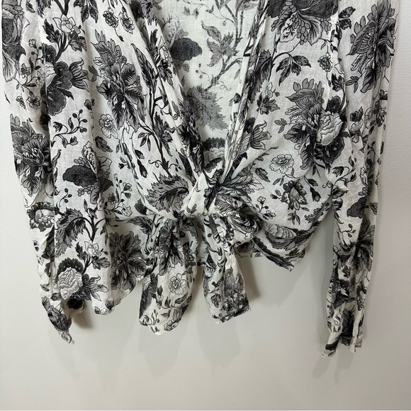 Flax Black and White Floral Linen Tie Front Asymmetric Cardigan Top Large - Picture 4 of 14